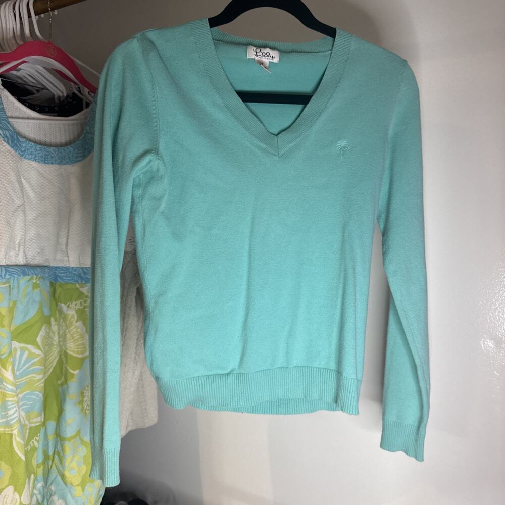 Vintage Lilly Pulitzer Solid Green V-Neck Pullover Sweater Palm Tree Logo Sz XS